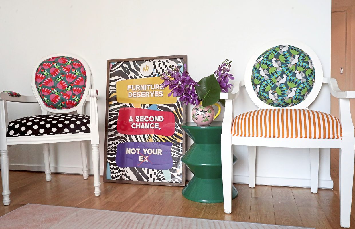 Many of Nabila's statement pieces, such as these chairs, were re-purposed from discarded furniture frames, stripped to their skeletons.