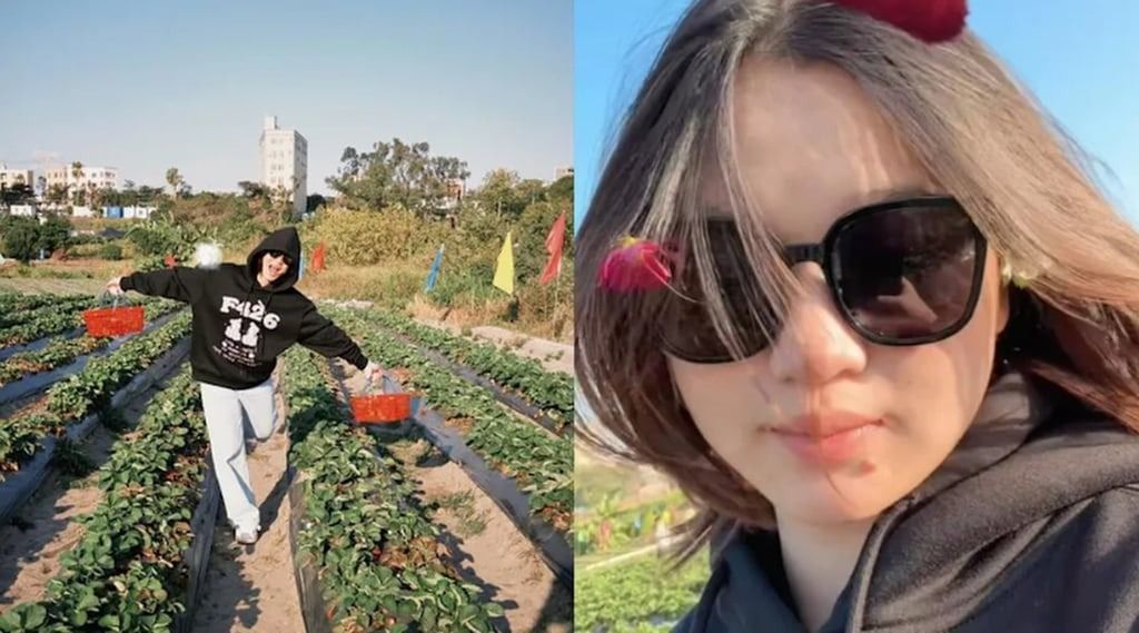 In her recent selfies, 18-year-old Quan flaunts longer, light blondish-brown hair, stylish sunglasses, and a casual outfit, adding playful animations typical for her age. -- Photo: Weibo