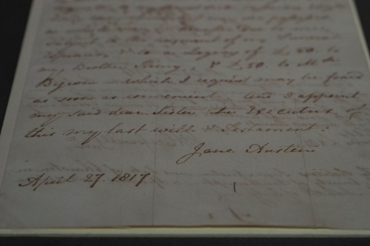 The will of British author Jane Austen on display at the 'Love Letters' exhibition in London. Photo: AP 