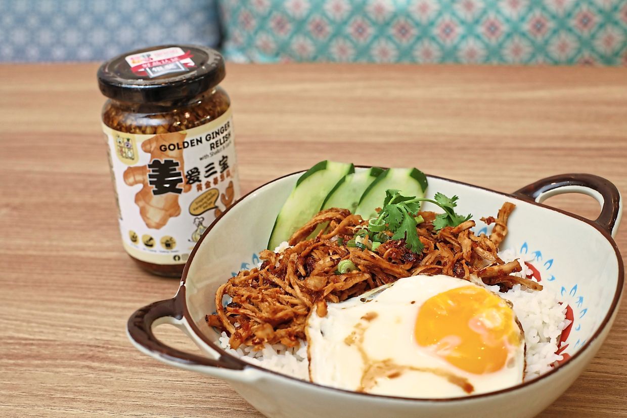 The Golden Ginger Relish (left) by Love Home Recipe can be savoured with shredded chicken rice.