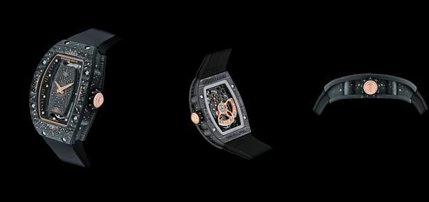 The story begins with Richard Mille’s Dark Night: Bezel and caseband in Carbon TPT, dial set with 51 diamonds and red gold prongs, crown in polished red gold with red gold prongs on black rubber. — Photos: Richard Mille