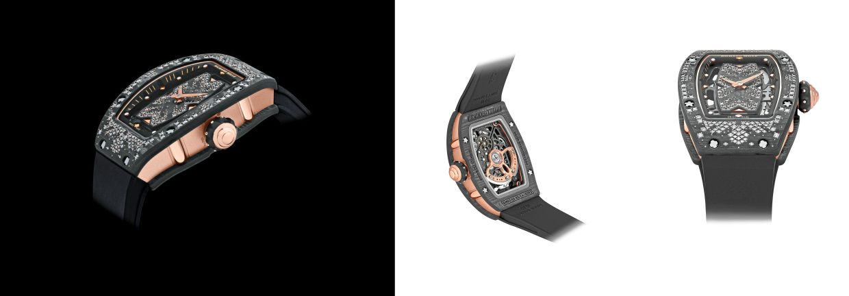 Bright Night: Central dial in Carbon TPT set with diamonds and red gold prongs and inserts, caseband crafted in micro-blasted 5N red gold, crown in polished red gold with red gold prongs on black rubber.