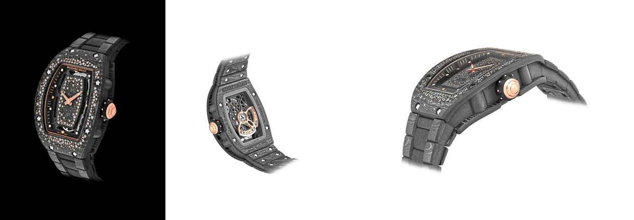 Starry Night: bezel and caseband in Carbon TPT, central dial set with 181 diamonds and red gold prongs, caseback in Carbon TPT, crown in polished red gold with red gold prongs on black rubber, and carbon bracelet.