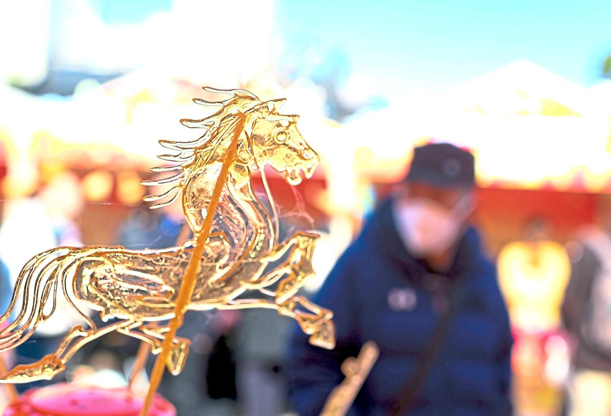 3. A horse-shaped sugar painting on display during a fair for New Year supplies at a park in Nanjing. — Xinhua