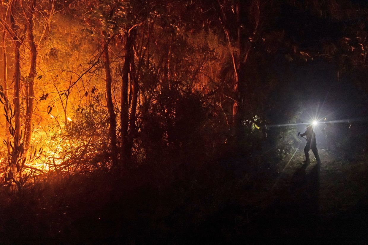 5. Firefighters working to contain a wildfire advancing through forested land near Concepcion. — AP