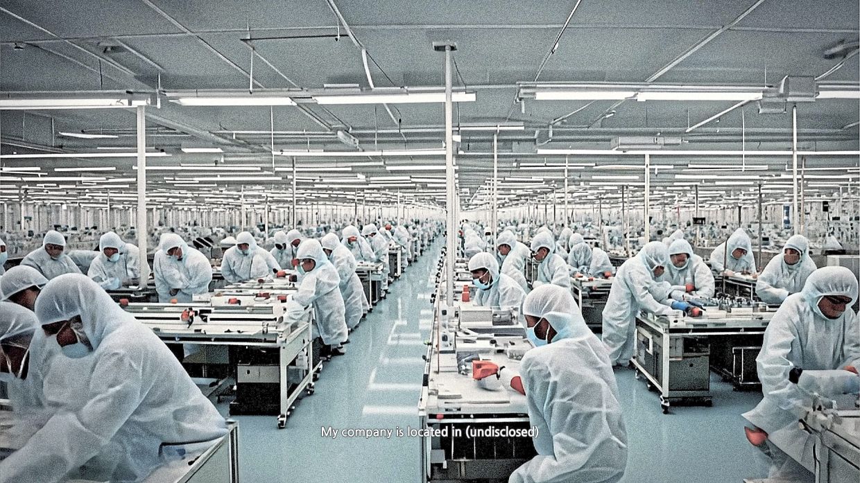 Unable to film inside of an actual ‘clean room’, Lee used AI to depict the inside of a semiconductor plant.