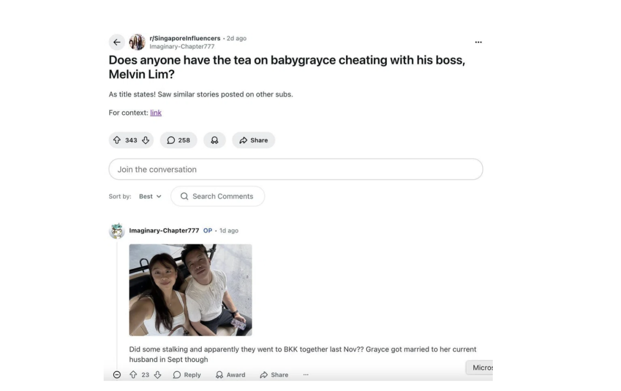 A post from r/SingaporeInfluencers speculating about the relationship between property agent Melvin Lim and influencer Grayce Tan. Photo: Reddit