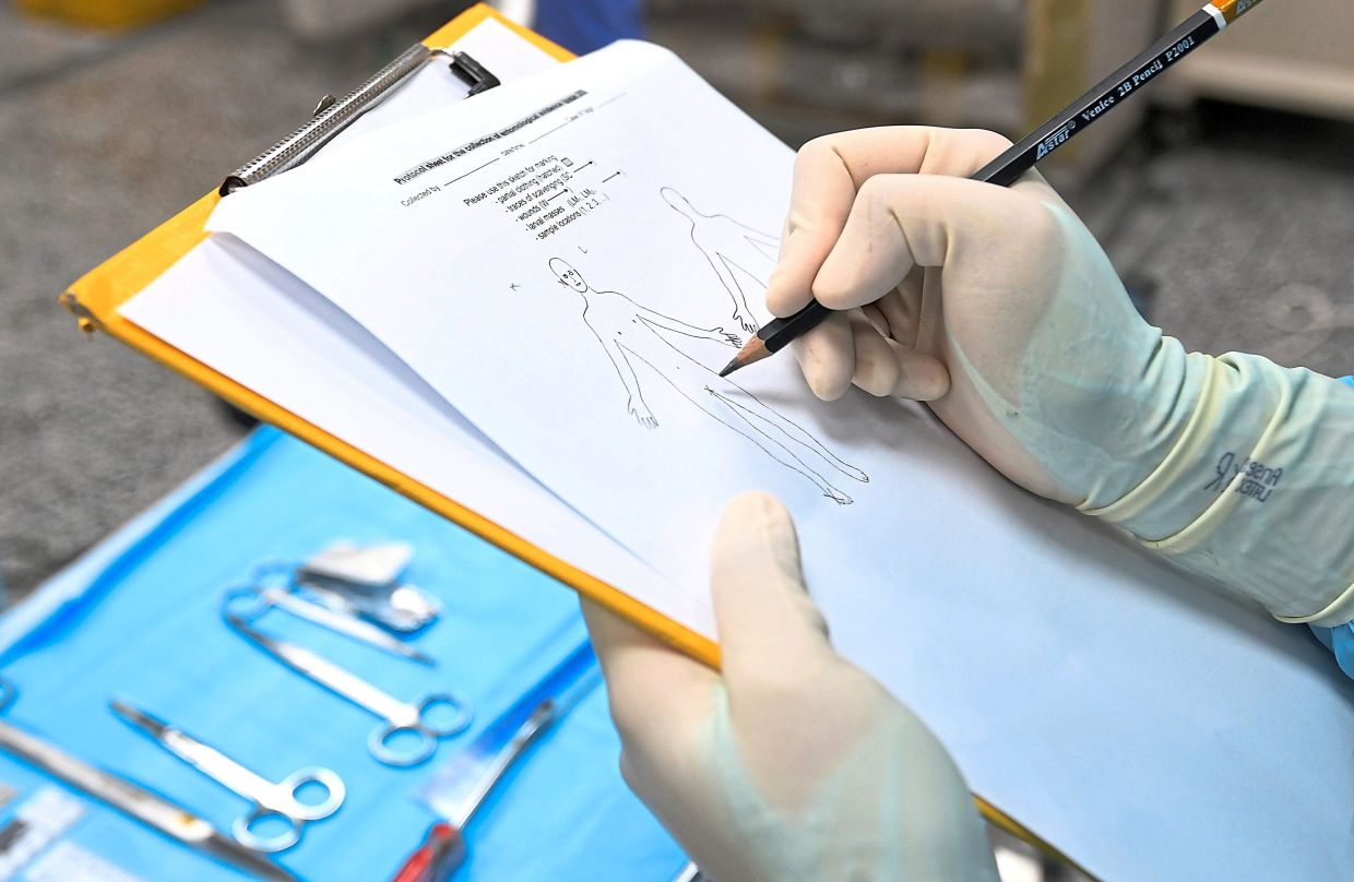 A forensic entomology team member recording which body part the insects were collected from.