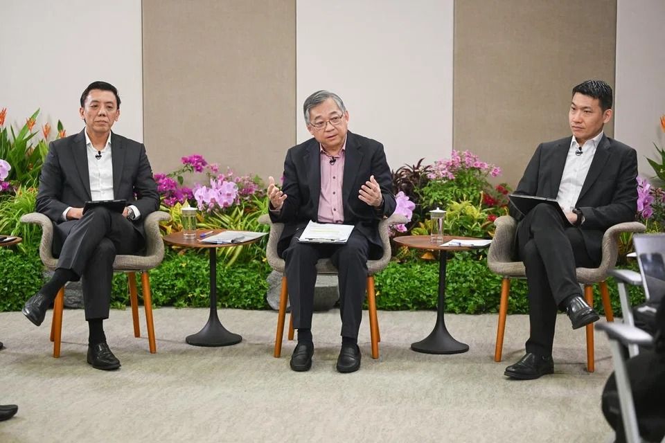 Deputy Prime Minister Gan Kim Yong (centre) with Acting Minister for Transport Jeffrey Siow (left) and Acting Minister for Culture, Community and Youth David Neo at a media briefing on Jan 29 on the ESR committees’ proposals. - Photo: ST