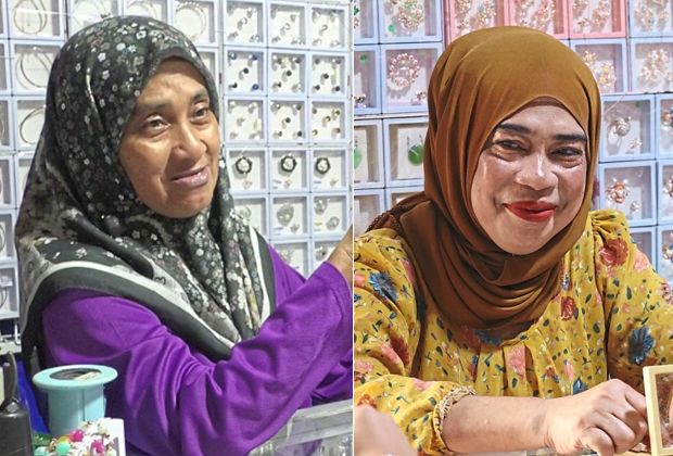 Latifah and Minang (right) at their pearl stalls at Pasar Filipin in Kota Kinabalu.