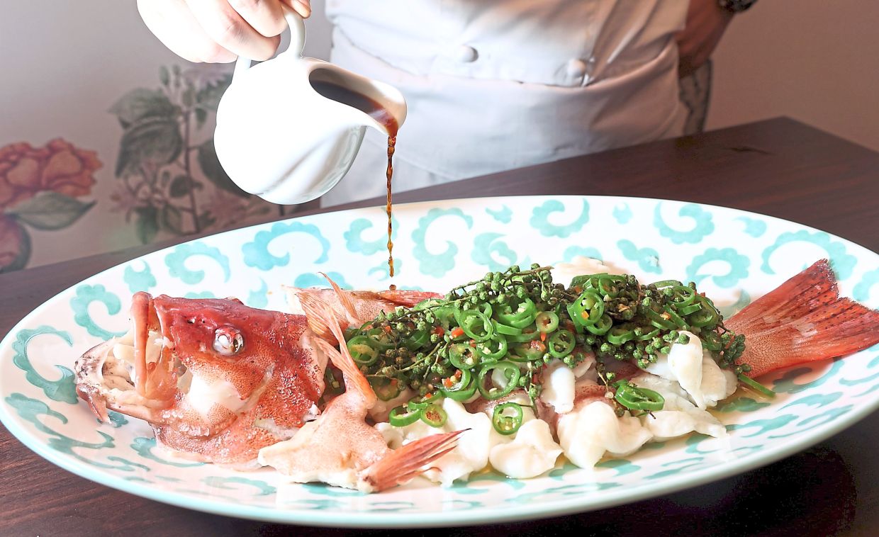 Steamed Spotted Red Garoupa with Sichuan Pepper and Chilli Soy Sauce.