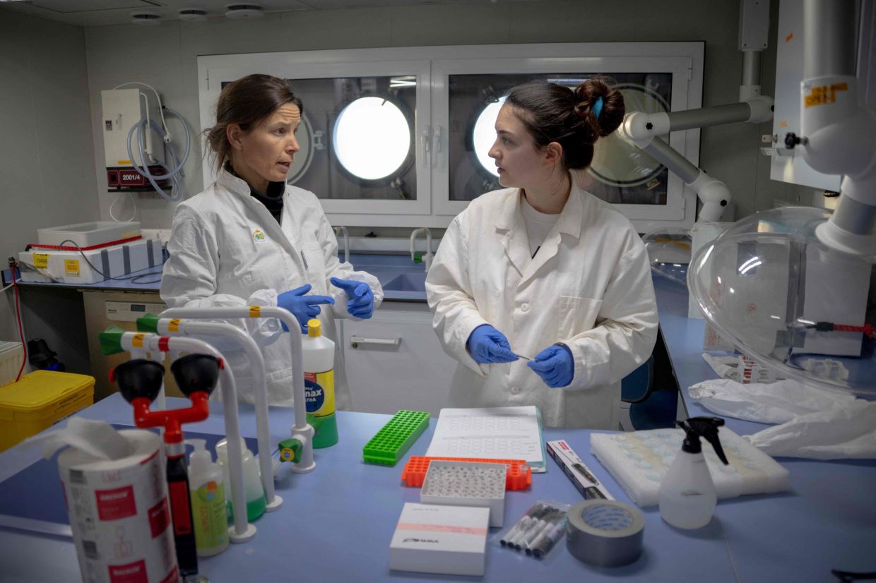 Belgian toxicologist Laura Pirard (R), who specialises in marine mammals, tests the 'Slice' method on polar bear adipose tissue biopsies, with Finnnish toxicologist specialising in marine mammals, Heli Routti (L), in a laboratory onboard the science icebreaking vessel 'Kronprins Haakon' while sailing in eastern Spitzbergen, in the Svalbard archipelago, on April 6, 2025. — Photo by Olivier MORIN / AFP)