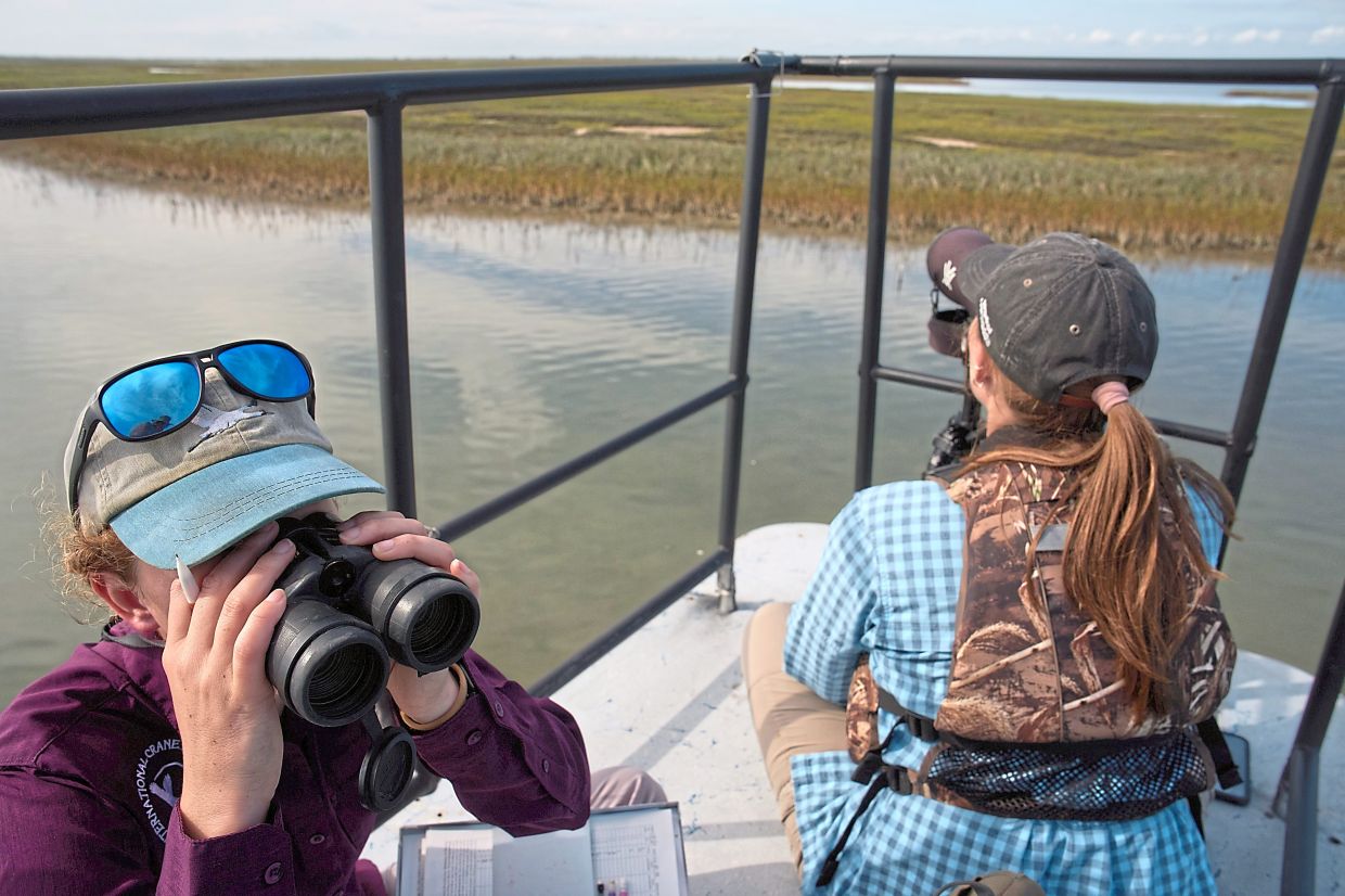 International Crane Foundation Wetland/Rangeland ecologist Katie Fernald (left) and biologist Matti Bradshaw study whooping cranes.