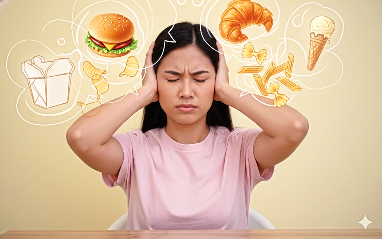 Being overwhelmed by food noise – where you are always thinking about what to eat even when you’re not hungry – is one of the factors that can make it hard to control your weight. (This visual is human-created, AI-aided)