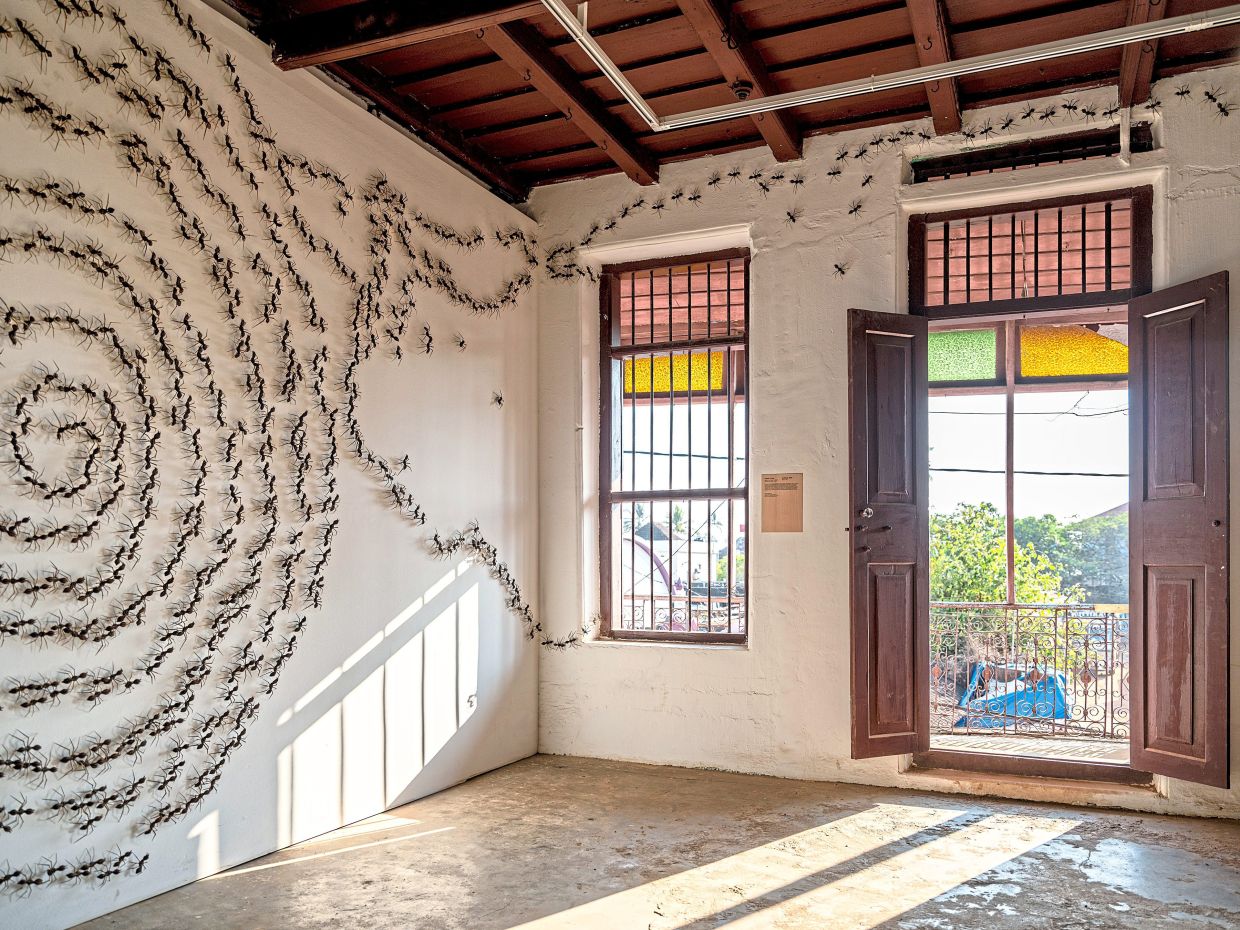 A wall of giant ants made from bat’s head root seeds by Krishna Murthy PS on display at the biennale. Photo: The New York Times/Priyadarshini Ravichandran