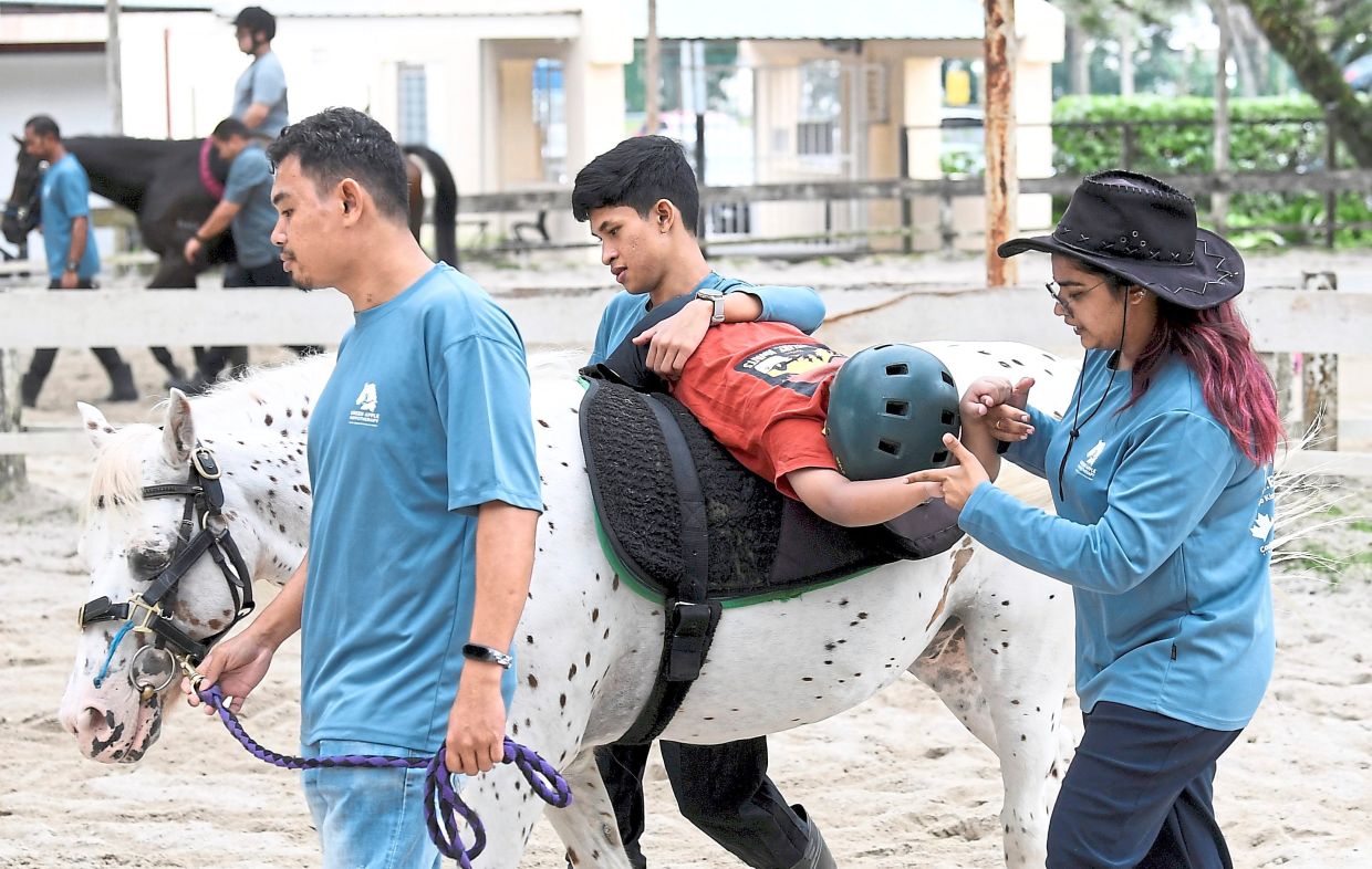 A typical hippotherapy session is a team effort, involving a trained handler, a specialised therapist, and side-walkers to ensure the child's stability. Photo: The Star/Azhar Mahfof