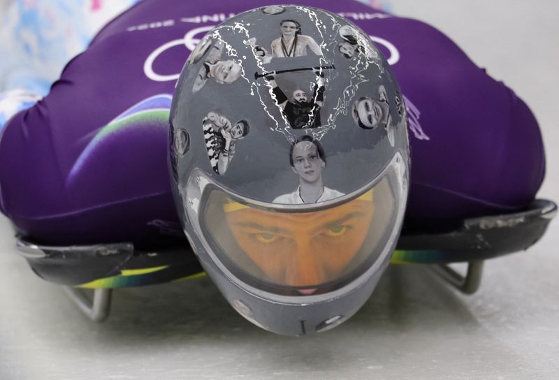 Olympics-Skeleton-Ukraine's Heraskevych displays images of athletes killed in war on his helmet