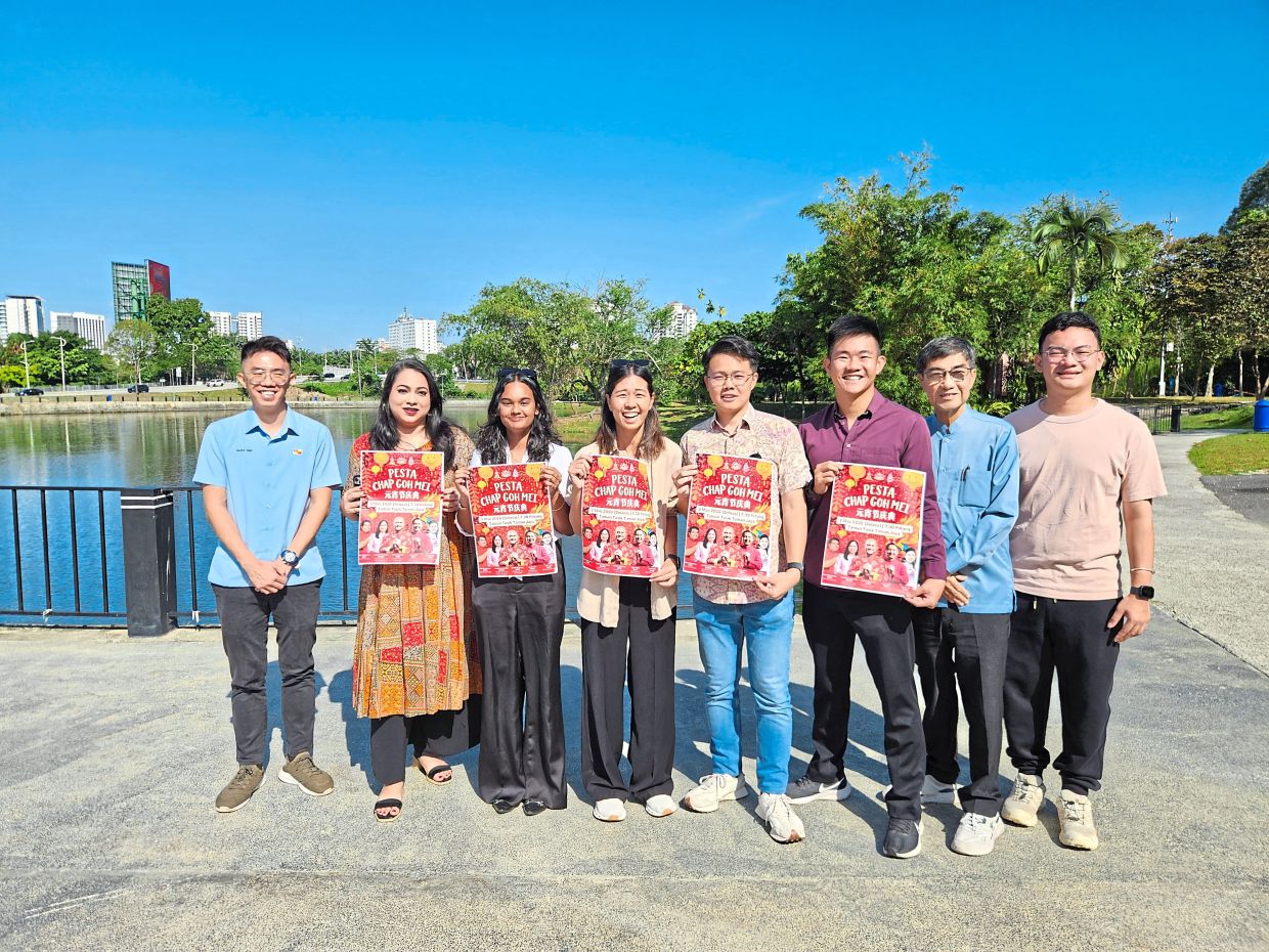 (From left) Councillors Nalina, Kusaaliny, Yip, Tan, Loh and Ong at the Taman Jaya lake where the 2026 Chap Goh Meh celebration will take place.
