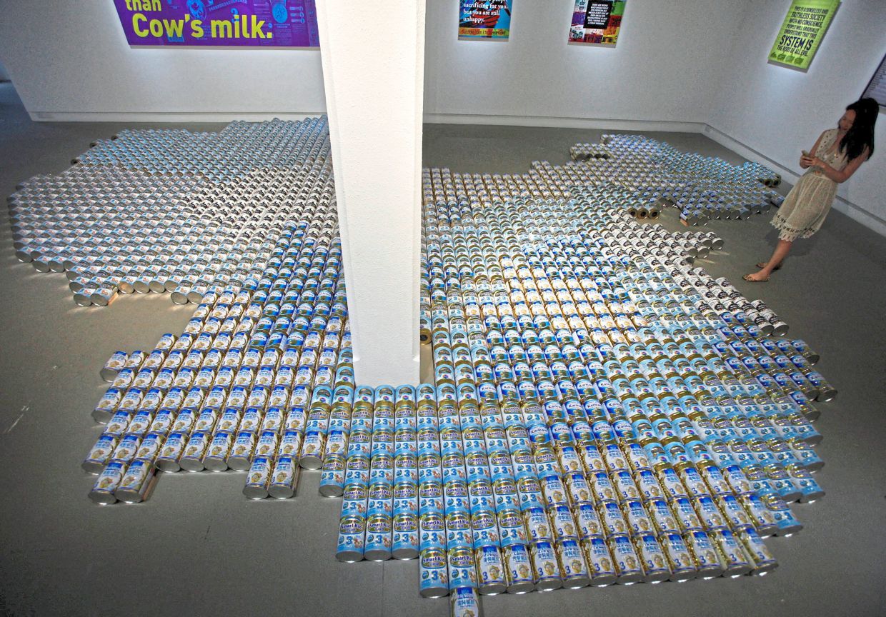 A visitor photographs 'Baby Formula' by Ai in Singapore in August 2013. His first solo exhibition in South-East Asia, it featured 1,800 cans of baby formula arranged in the shape of China. Photo: Reuters 