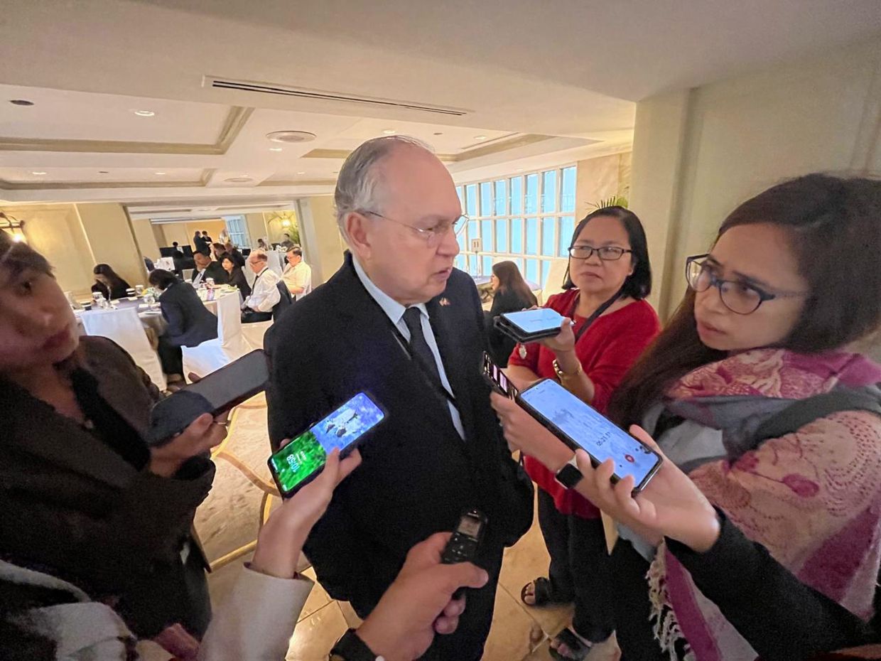 Philippine Ambassador to Washington Jose Manuel Romualdez answers questions from reporters in Manila, Philippines, on Tuesday, Feb. 10, 2026. -- AP Photo/Jim Gomez