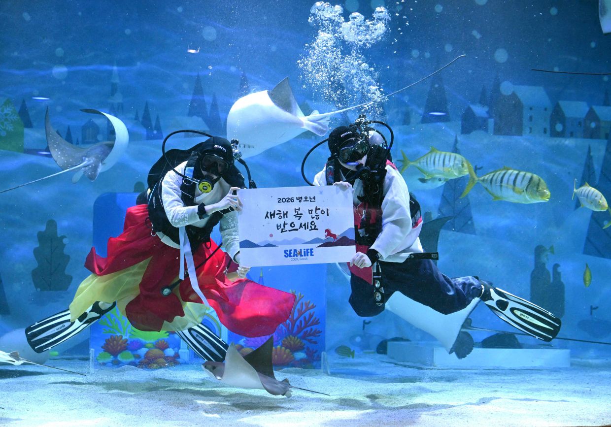 South Korean divers wearing traditional hanbok dresses hold a placard reading - Happy New Year! - during an underwater show to celebrate the upcoming Lunar New Year at the COEX aquarium in Seoul on Tuesday, February 10, 2026. -- Photo by Jung Yeon-je / AFP)