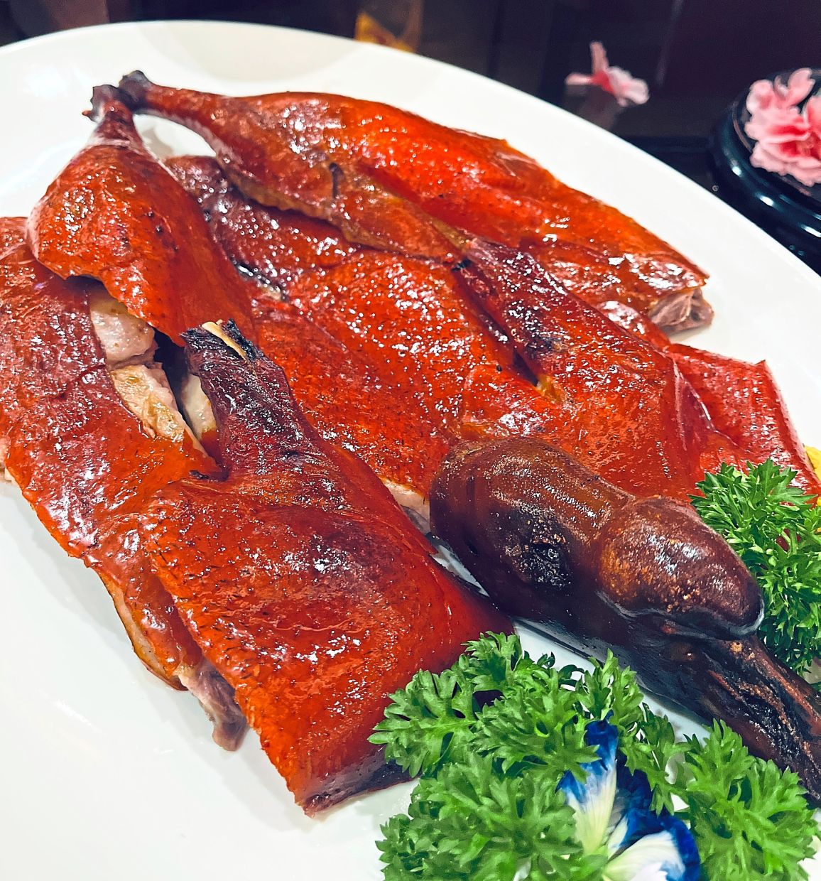 The Hong Kong-style roasted goose is tender while still retaining its crispy skin.