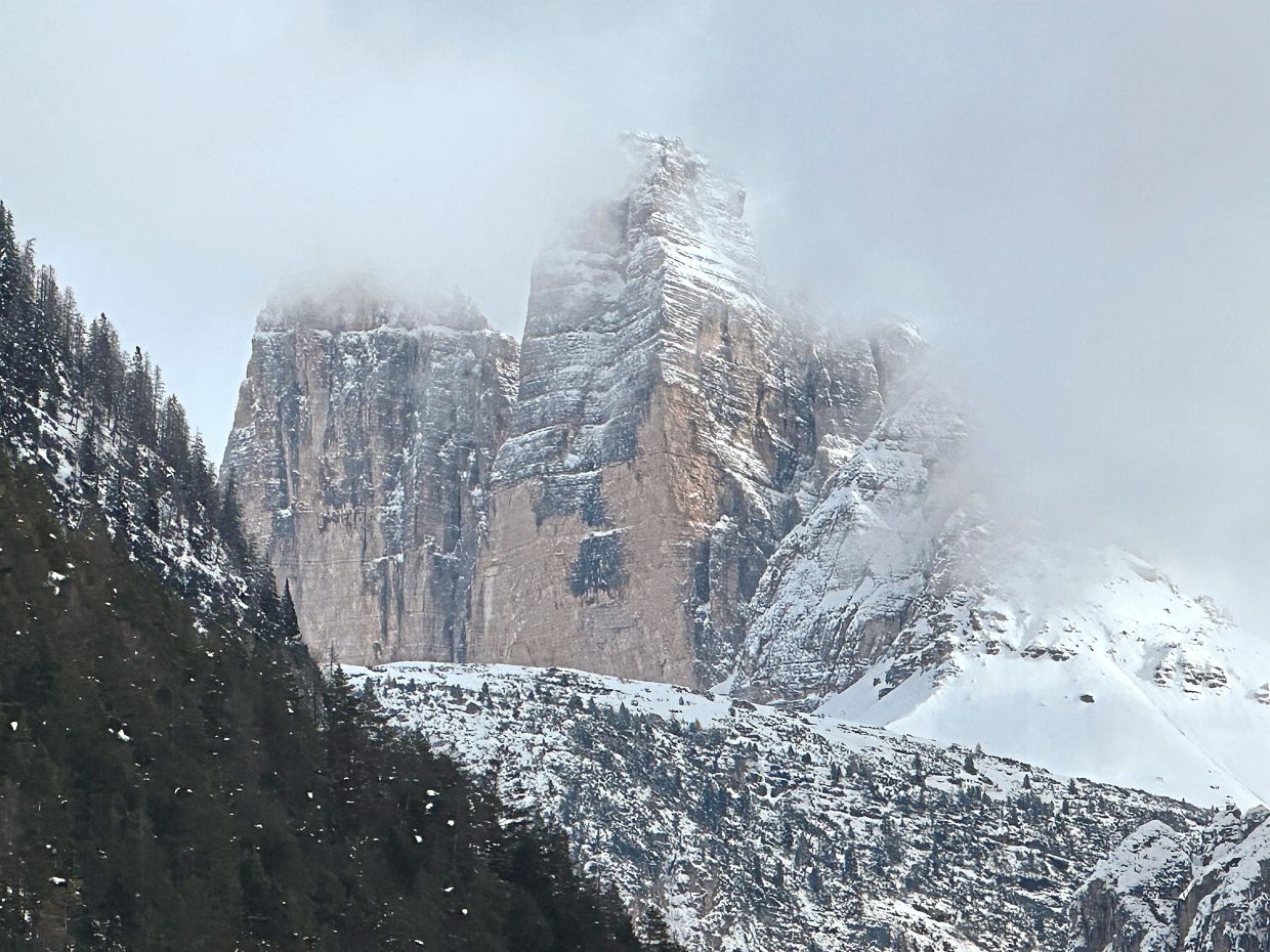 The Three Peaks of Lavaredo are visible from a panoramic viewing point in Brunico.