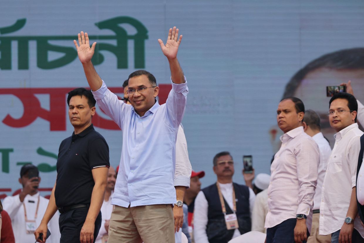 Bangladesh Nationalist Party chairman Tarique Rahman gesturing during an election campaign rally on Feb 8, 2026. - Reuters
