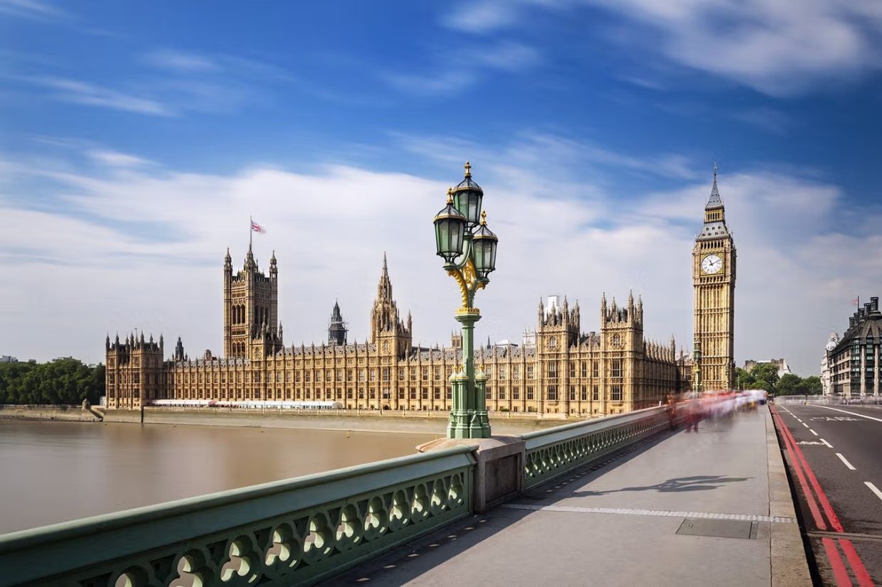 Houses of Parliament and Big Ben seen from Queen's Walk, London, UK.