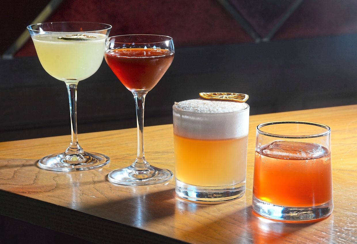 The Cellar's seasonal quartet of Japanese liqueur-infused cocktails - (from L to R) Yuzukosho Margarita, Hojicha Boulevardier, Umeboshi Whisky Sour and Mokushitsu no Negroni.