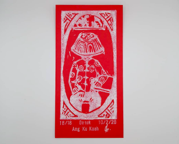 This CNY, Ana Alasri presents her linocut series 'Datuk Ang Ku Kueh', a small-batch handmade ang pow collection full of character. Photo: Ana Alastri