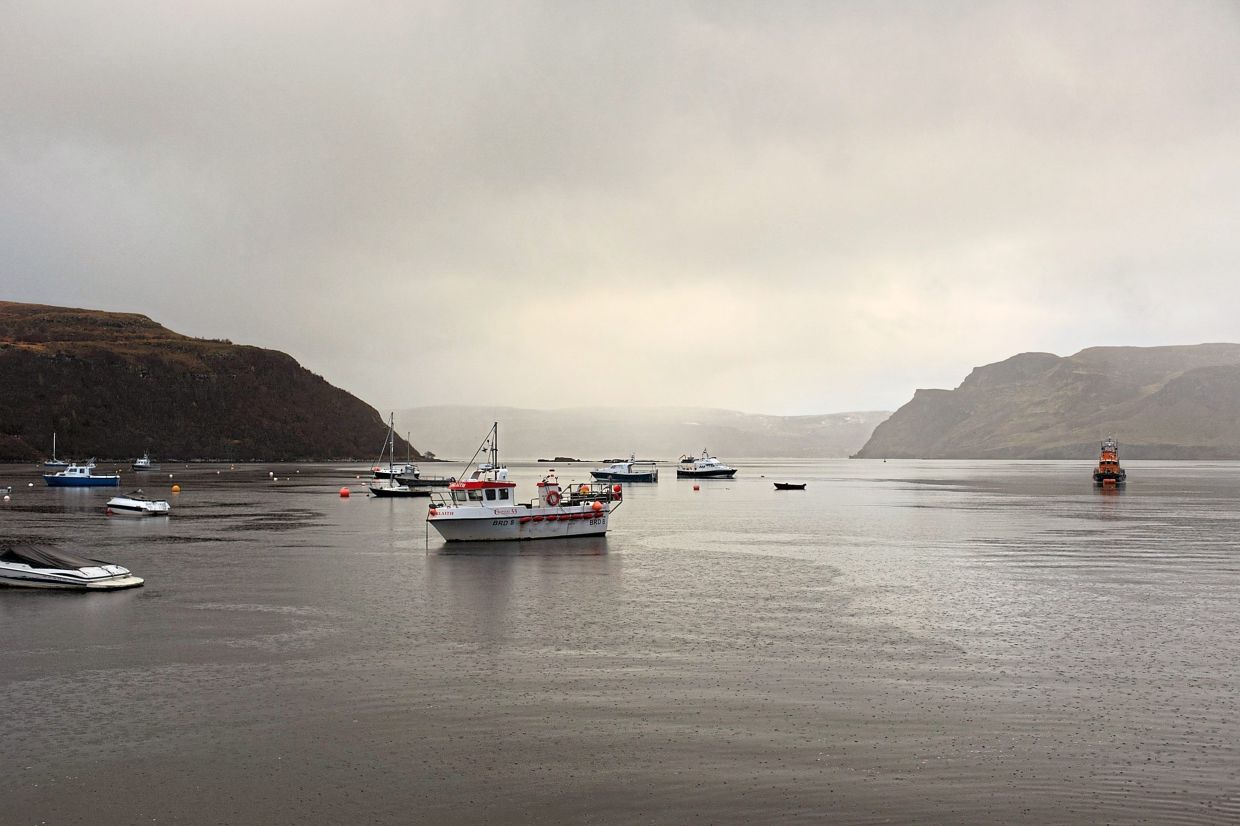 Creel fishing boats, tour boats and others dock at the harbour in Portree, Scotland.