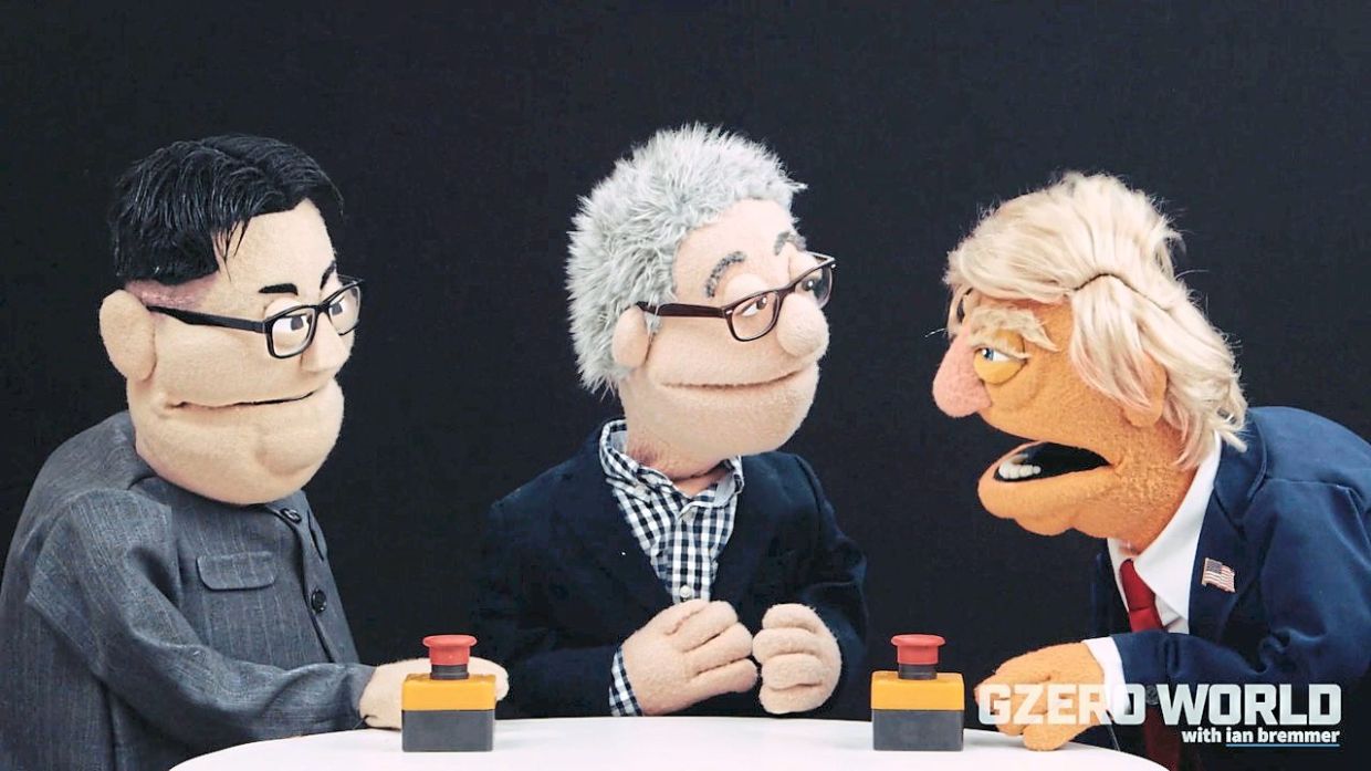 Puppet Bremmer mediating a meeting between Kim Jong Un and Donald Trump in 2018.