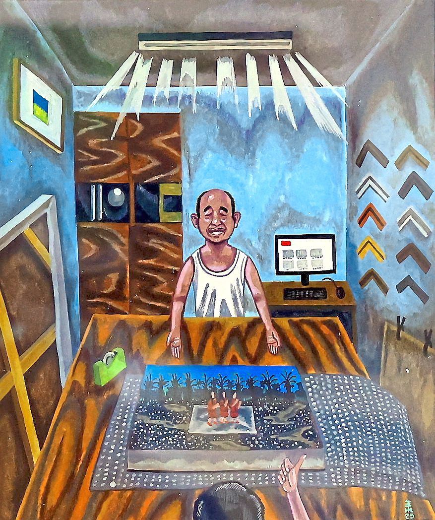 Hieng pays tribute to his regular frameshop in 'I Give A Like To My Framer' (poster colour on paper, 2025).