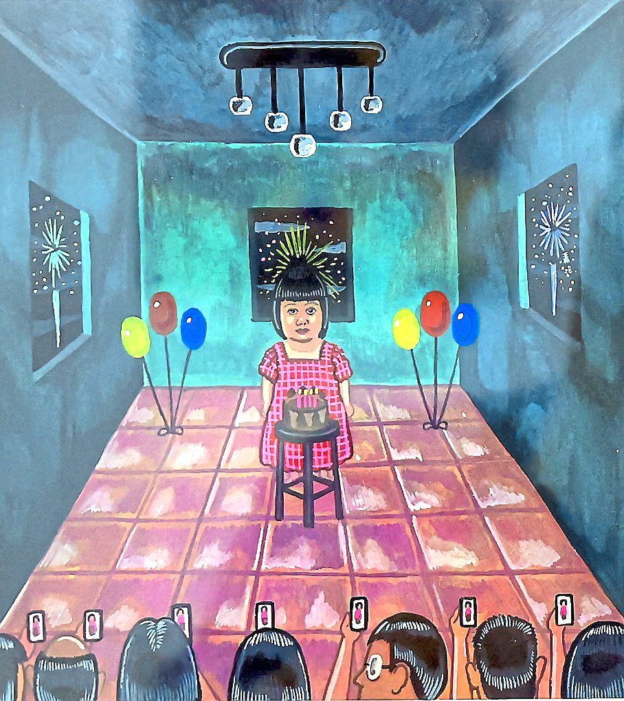 Hieng’s take on a child’s milestone in 'Birthday Party '(poster colour on paper, 2025).