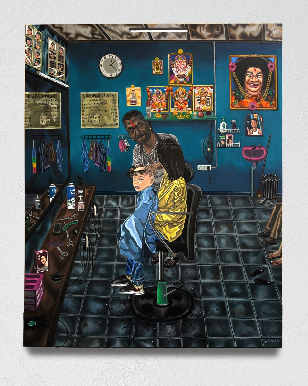 In 'Shalimar Saloon' (oil on linen, 2024), Hieng's young nephew is getting a haircut, reminding him of when he got his haircuts at the local Indian barbershop when he was a boy. – The Back Room