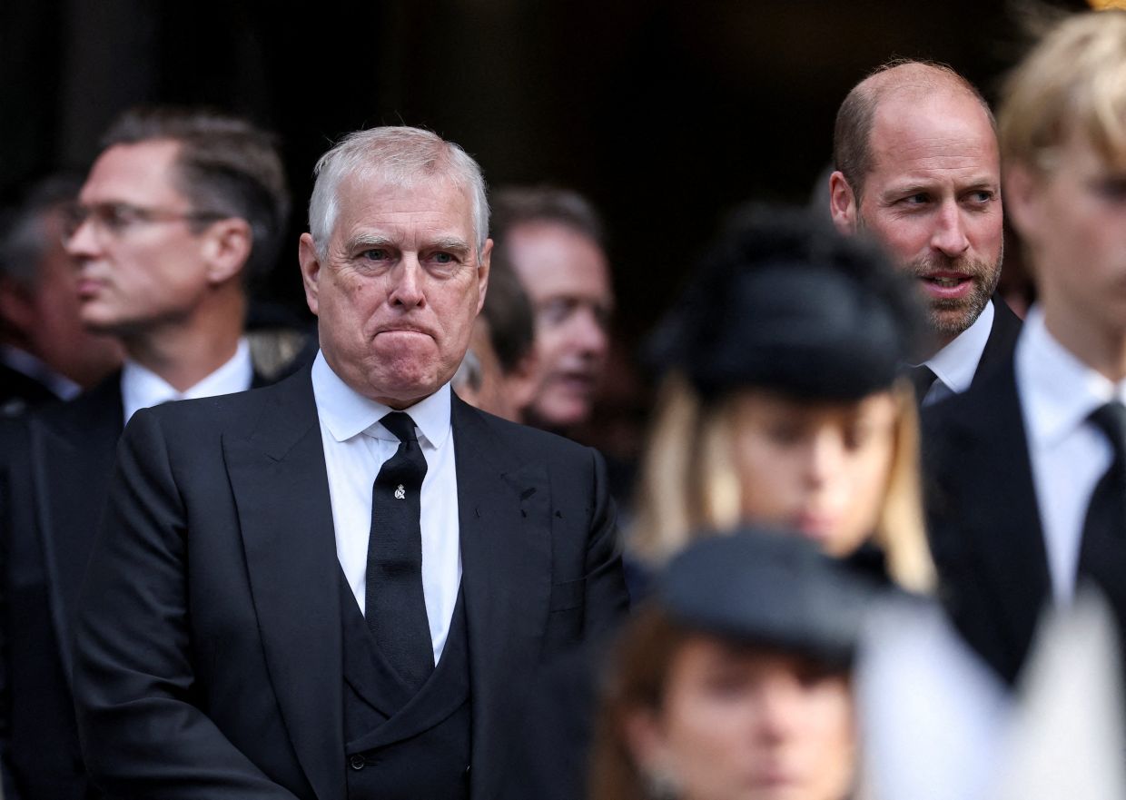 FILE PHOTO: Britain's Prince Andrew stands next to Prince William at the end of the Requiem Mass, on the day of the funeral of Britain's Katharine, Duchess of Kent, at Westminster Cathedral in London, Britain, September 16, 2025. Photo: Reuters