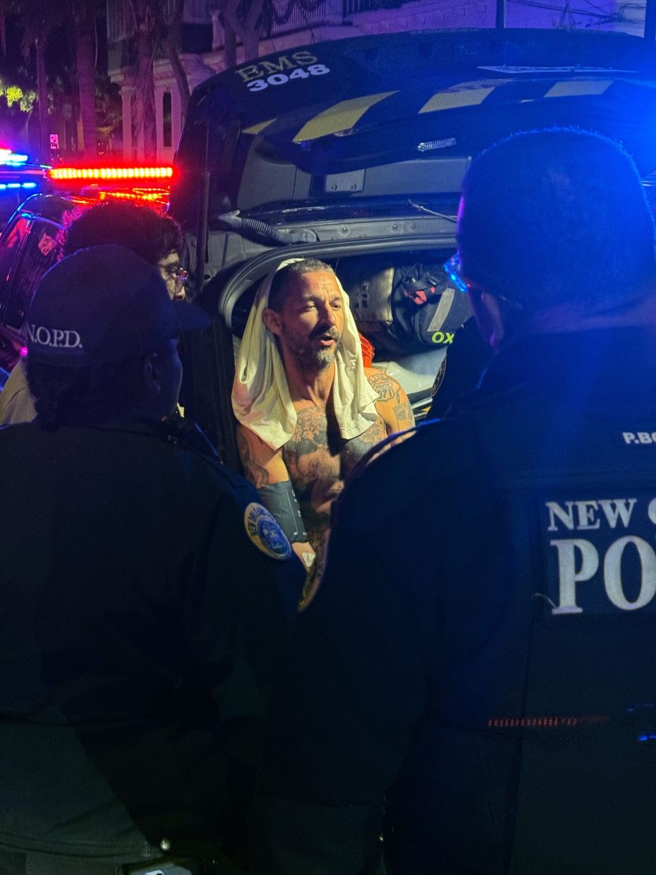In this photo provided by entertainer Jeffrey Damnit, actor Shia LaBeouf is taken into police custody in New Orleans on Tuesday, Feb. 17, 2026, after allegedly hitting multiple people outside a bar.