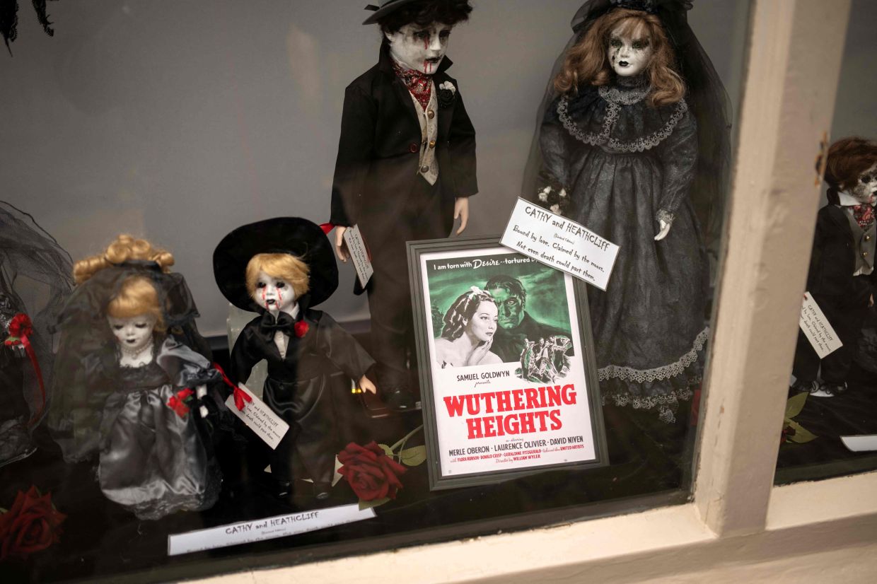 A 'Wuthering Heights' themed window display is pictured in a shop on Main Street in the village centre of Haworth, northern England. Photo: AFP