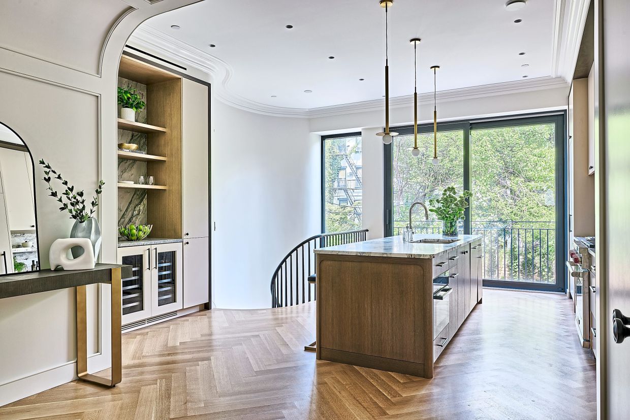 Open shelving displays various food decor elements. 