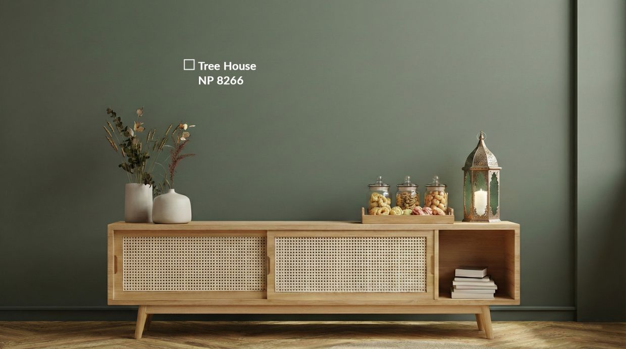 Repainting a single wall can make a space feel cleaner, brighter and more festive, like this wall, which features Nippon’s Tree House (NP 8266).