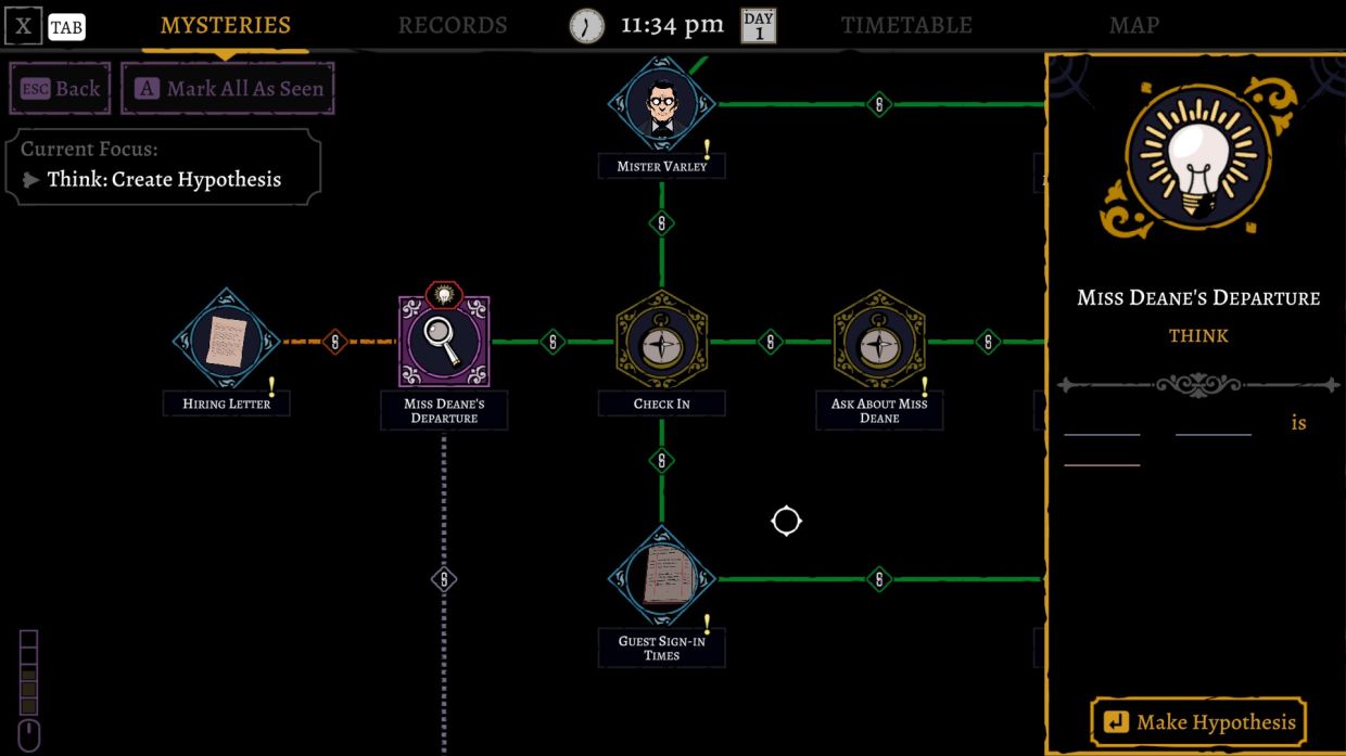 Once you've collected clues, your detective brain will connect them together in a mind map, until you have enough to create a hypothesis.