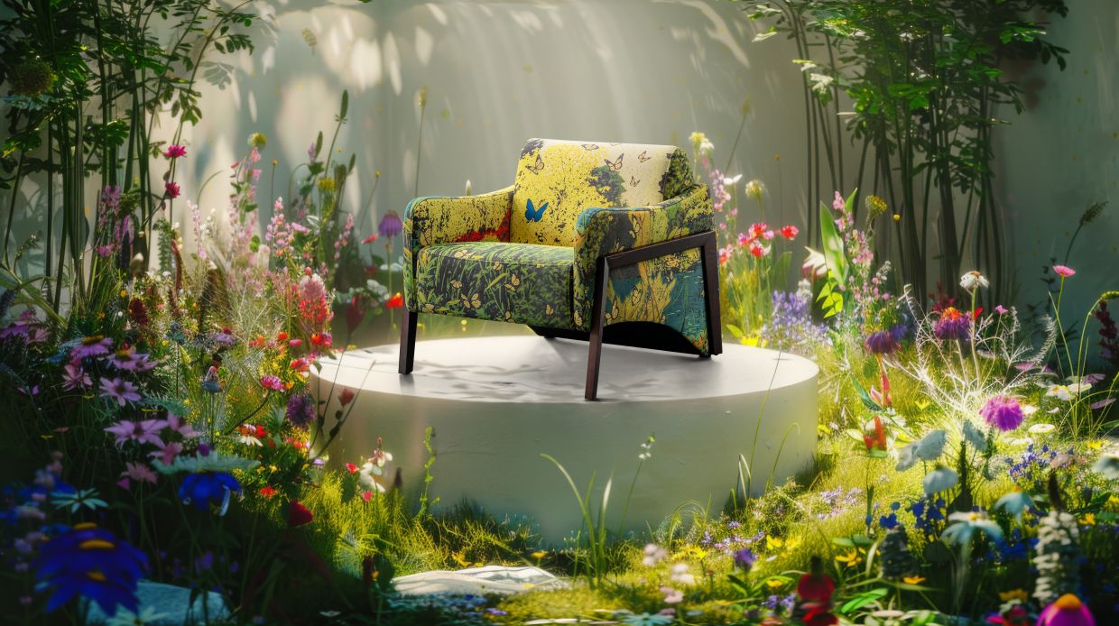 The armchair in The Promised Garden II highlights the collection’s signature blue butterfly motif, creating a calming retreat in the home.