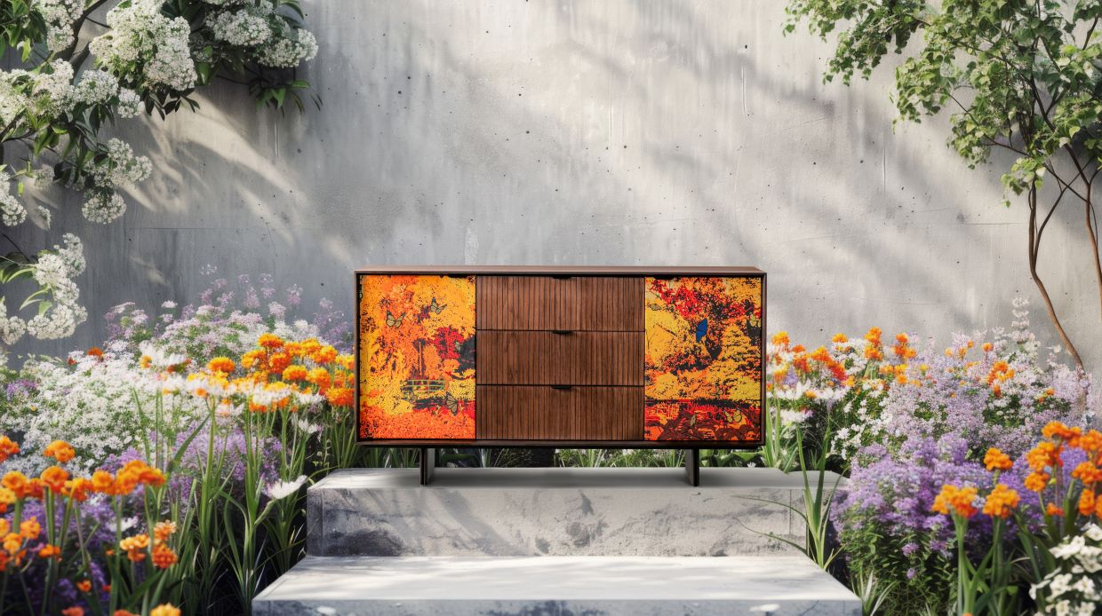 The buffet cabinet, upholstered in Promised Garden I, features warm hues and stands out as a striking centrepiece in any dining or living area.