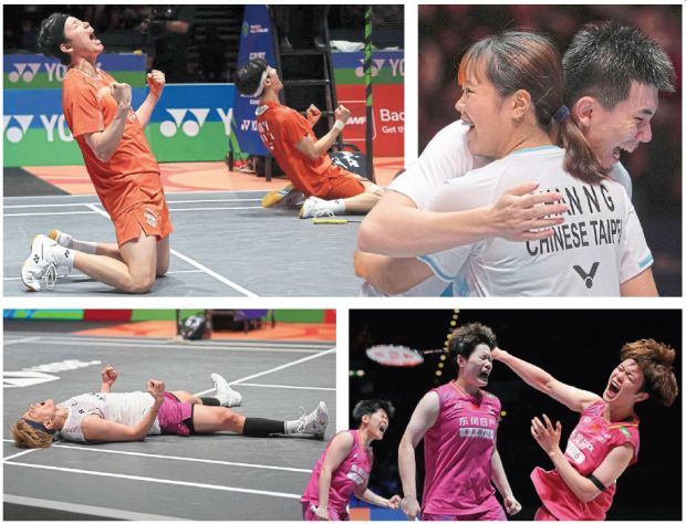 The winners: (clockwise from top left) South Korea’s Kim Won-ho-Seo Seung-jae (men’s doubles), Taiwan’s Ye Hong Wei-Nicole Chan (mixed doubles), China’s Wang Zhiyi (women’s singles) and Liu Shengshu-Tan Ning (women’s doubles); and Taiwan’s Lin Chun-yi (men’s singles). — Agencies