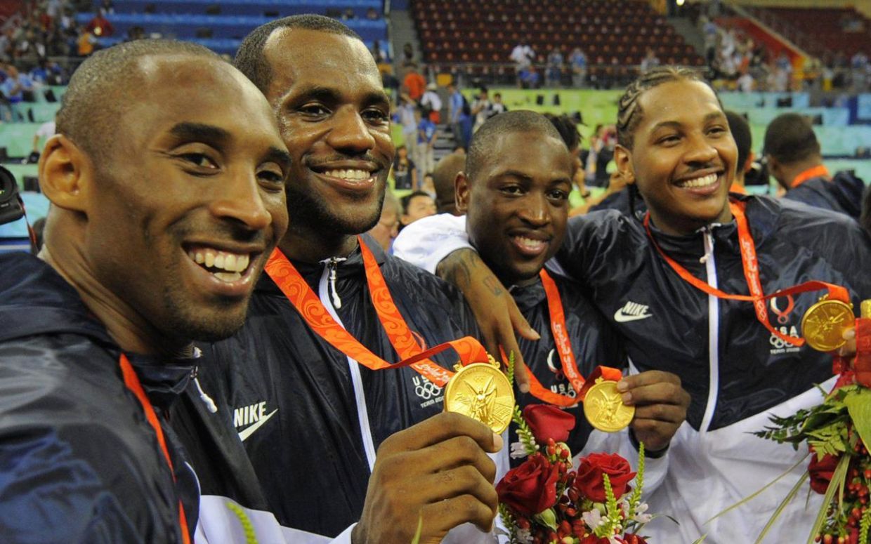 (From left) Kobe Bryant with team mates Lebron James, Dwyane Wade and Carmelo Anthony after receiving their basketball gold medal at the 2008 Beijing Olympics in Beijing, China.
