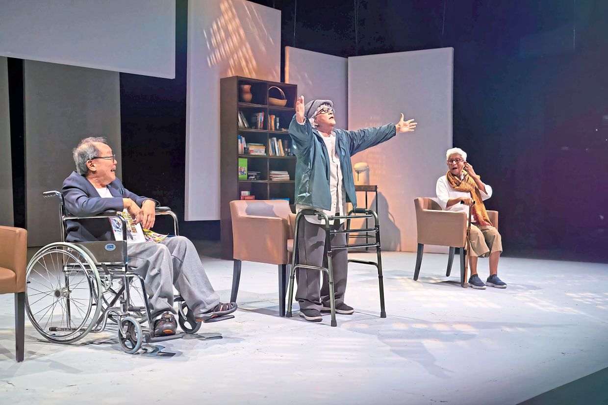 In January this year, Faridah (centre) starred in the play 'God's Waiting Room', alongside fellow theatre veterans Anne James and Patrick Teoh. Photo: KLPac