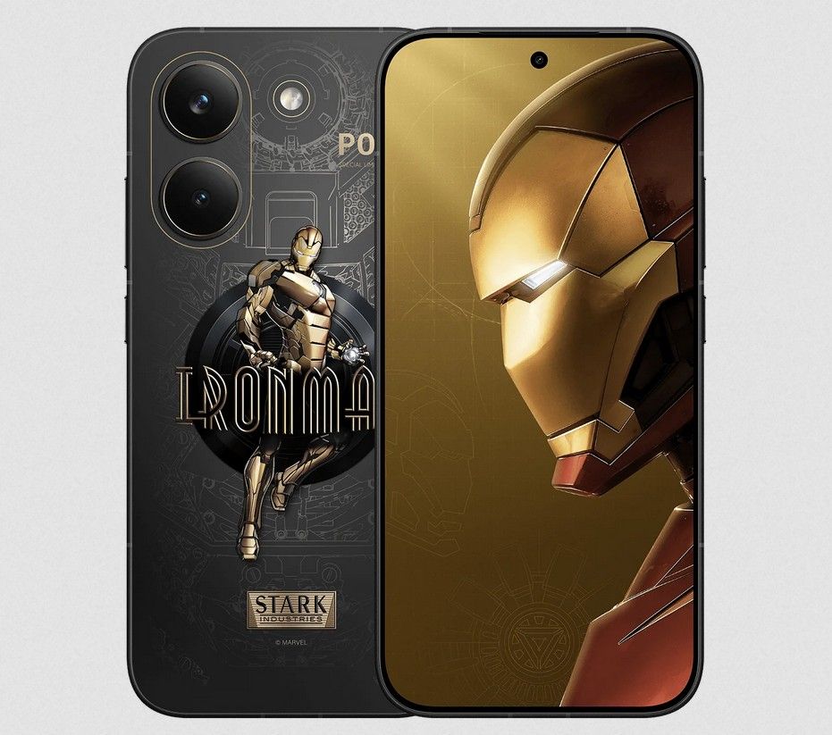 The Poco X8 Pro Iron Man Edition with black and gold body design plus Iron Man-themed UI. — Xiaomi