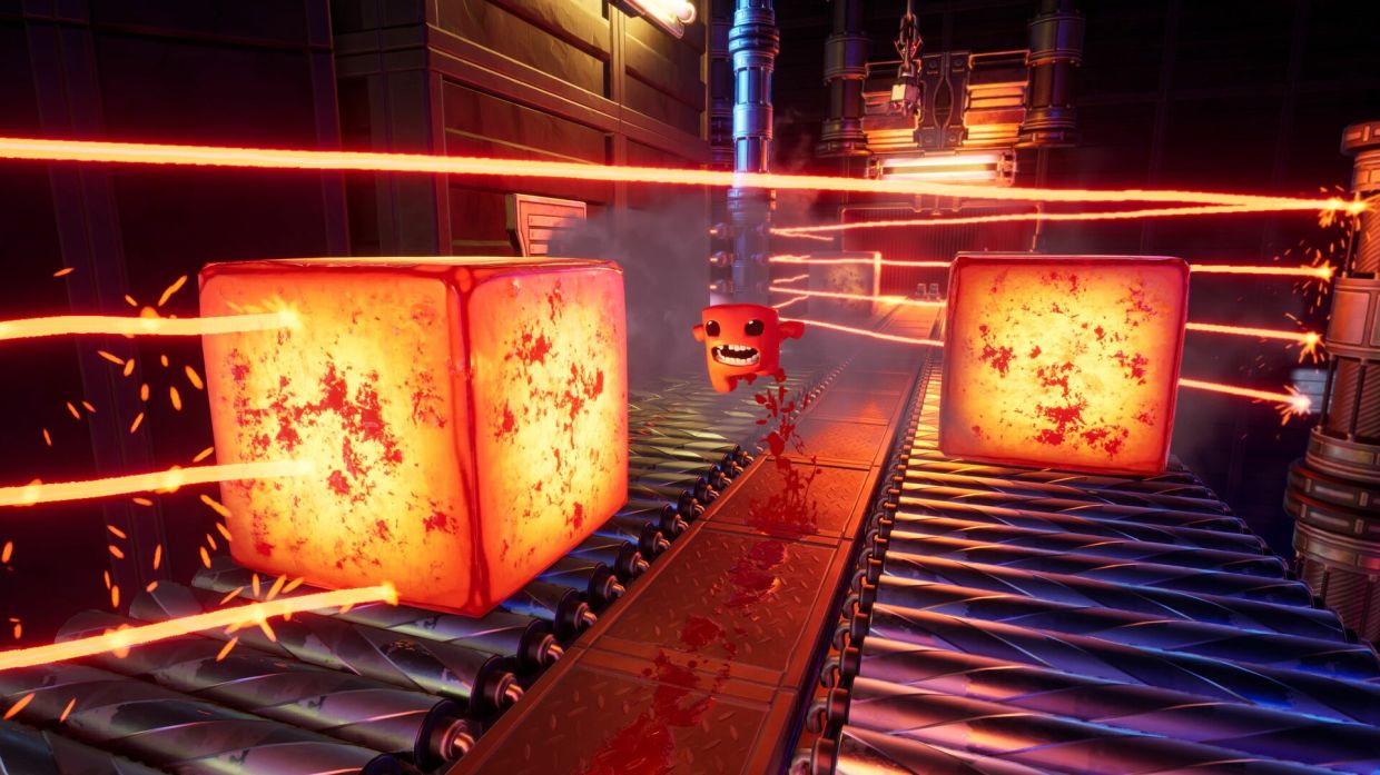 Super Meat Boy 3D features a mostly fixed camera that follows Meat Boy through his leaps, wall jumps and runs through saws, fires and other hazards that will kill him. — Sluggerfly, Team Meat/Headup Games