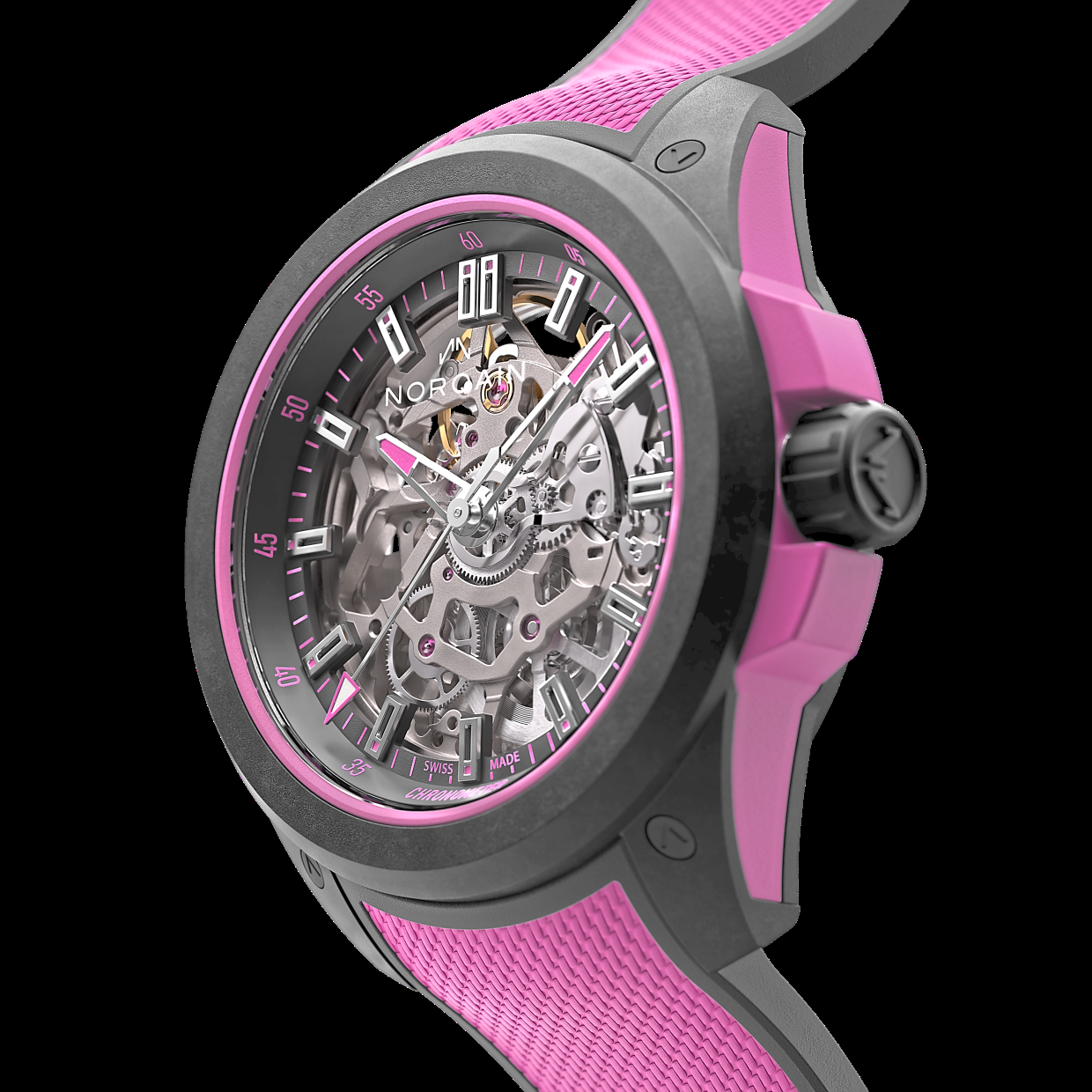 Norqain Wild One Skeleton 39mm in Hyper Pink.